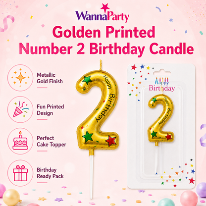 Golden Color Happy Birthday Printed Candle Number 2