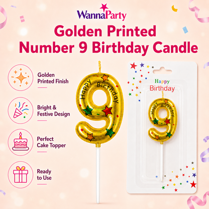 Golden Color Happy Birthday Printed Candle Number 9
