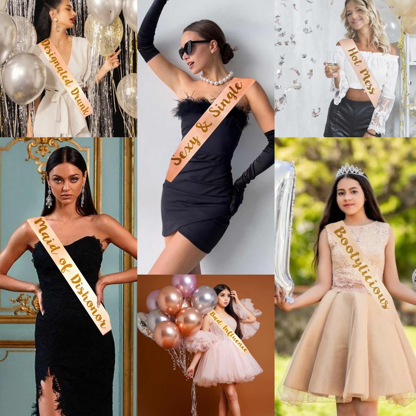 Bachelorette Pink Satin Sash Set w/ Glossy Text - 6PC
