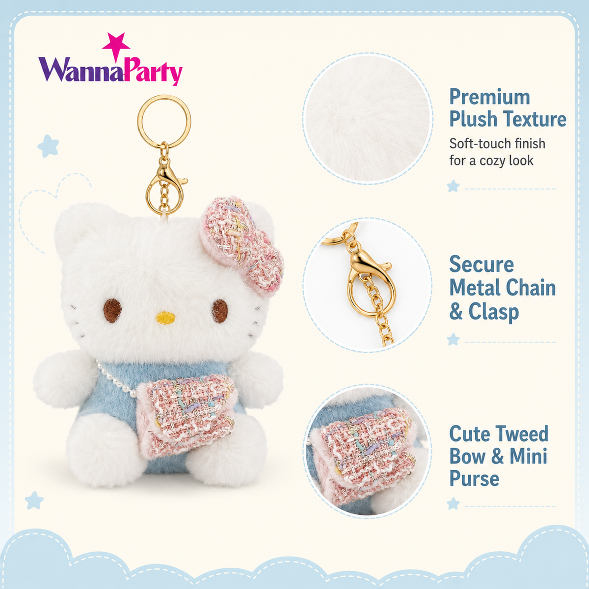 Hello Kitty Blue Plushy Toy Key Chain - 1PC