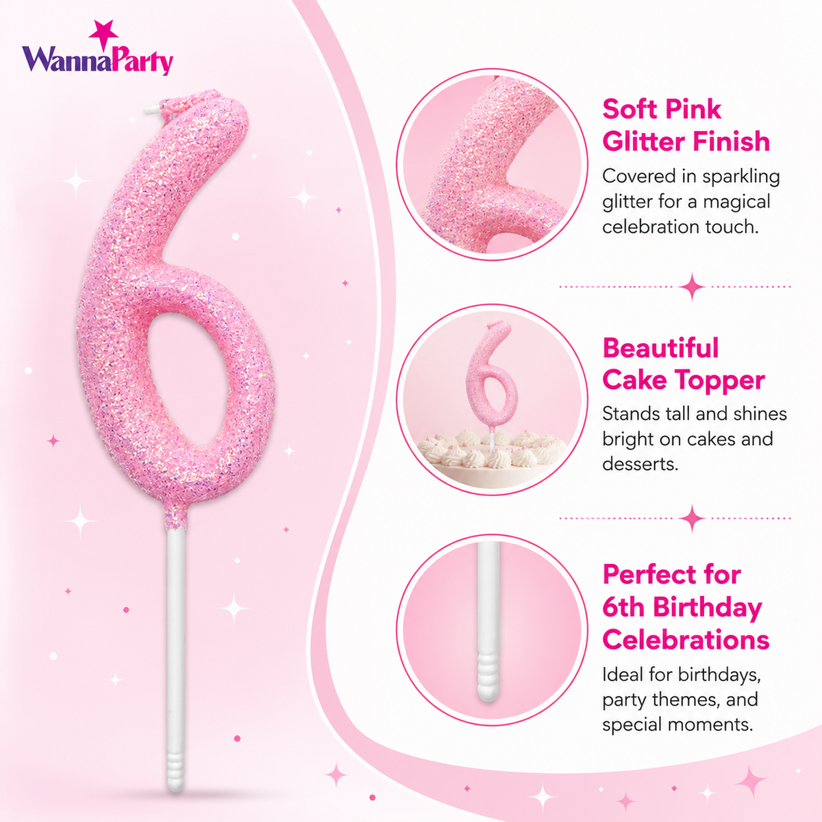 Glitter Designer Pink Candle No. 6