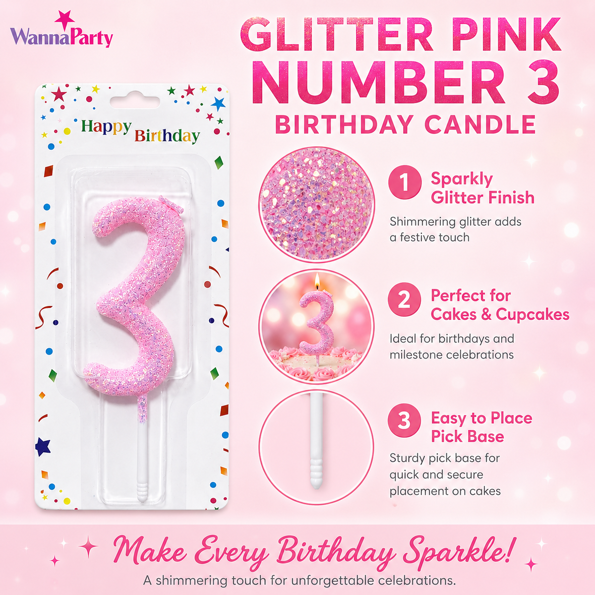 Glitter Designer Pink Candle No. 3