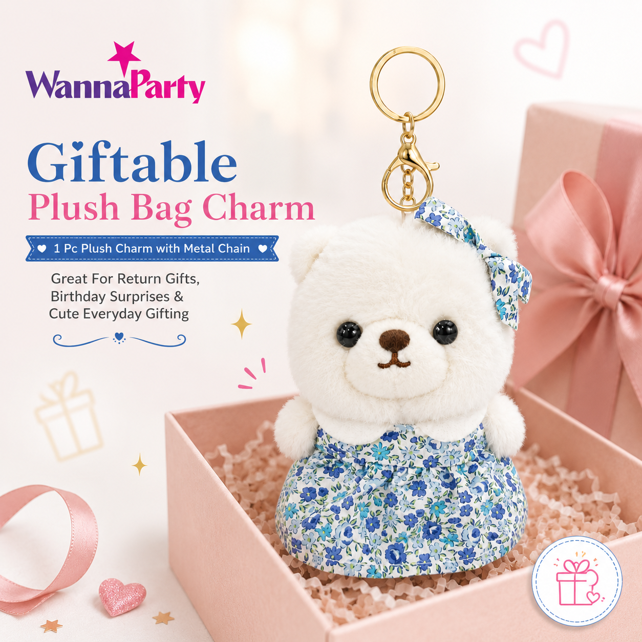 White Teddy Bear Plush Keychain, Cute Soft Bear Bag Charm with Blue Floral Dress | Gold Metal Chain, Backpack, Handbag, Keys, Birthday Return Gift & Party Favor – 1PC