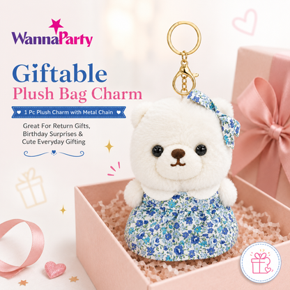 White Teddy Bear Plush Keychain, Cute Soft Bear Bag Charm with Blue Floral Dress | Gold Metal Chain, Backpack, Handbag, Keys, Birthday Return Gift & Party Favor – 1PC