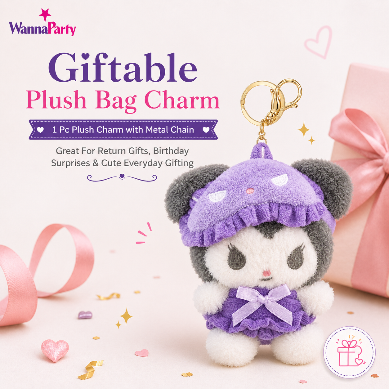 Cute Kawaii Kuromi Plush Keychain, Soft Black & White Character Bag Charm with Purple Outfit & Gold Metal Chain, Backpack, Handbag, Keys, Birthday Return Gift – 1PC