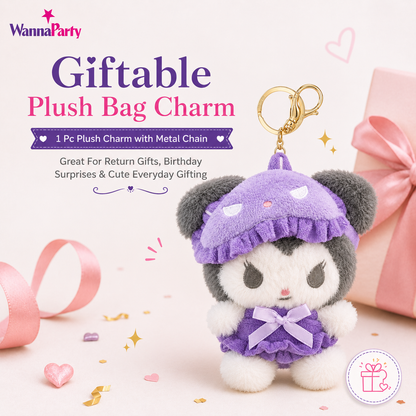 Cute Kawaii Kuromi Plush Keychain, Soft Black & White Character Bag Charm with Purple Outfit & Gold Metal Chain, Backpack, Handbag, Keys, Birthday Return Gift – 1PC