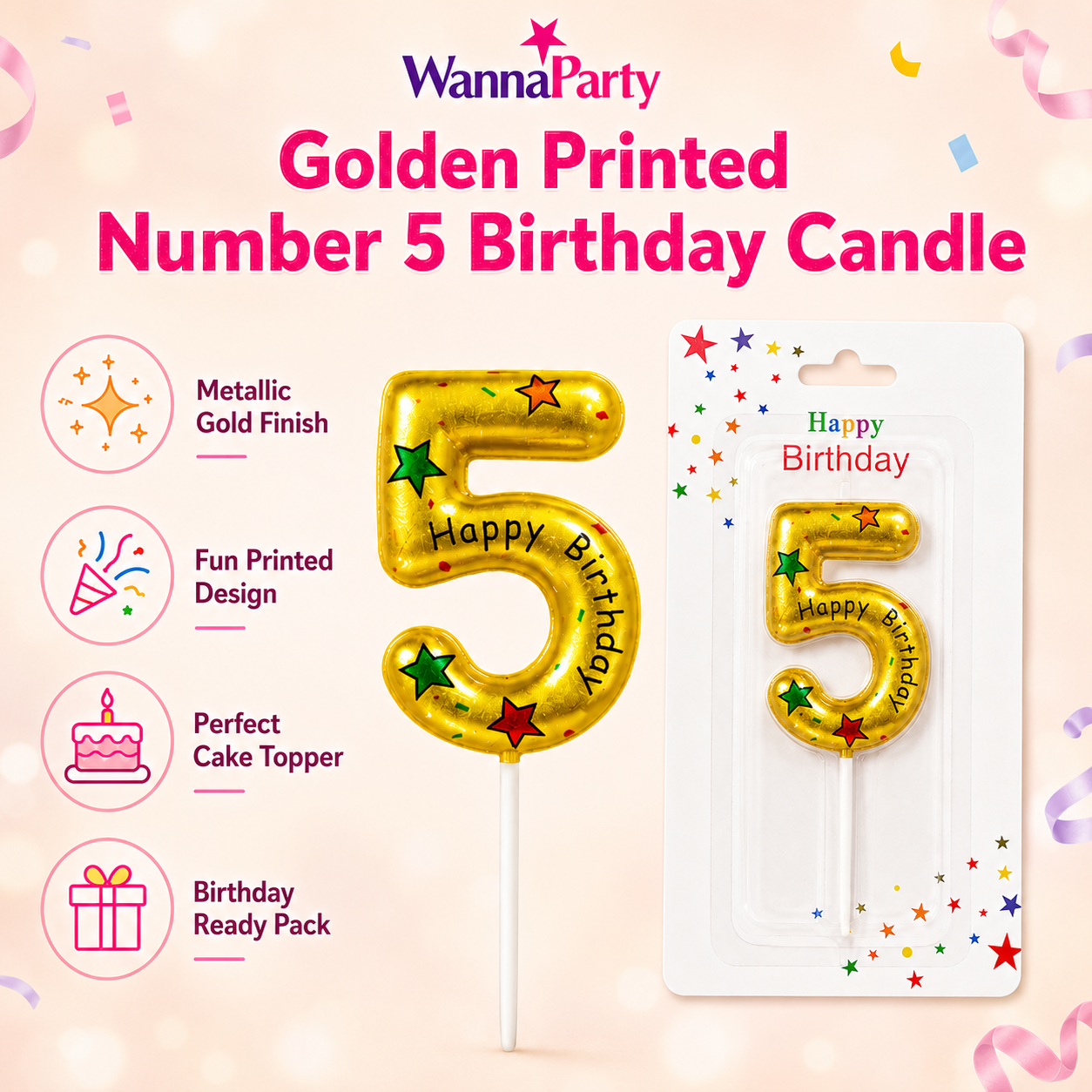 Golden Color Happy Birthday Printed Candle Number 5