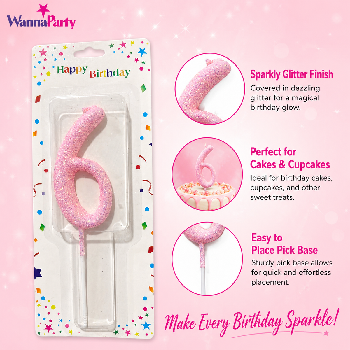 Glitter Designer Pink Candle No. 6