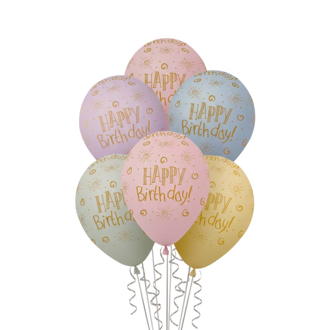 Happy Birthday Pastel Printed Balloons Pack of 6 (12 Inch) | Rainbow Color Latex Balloons | Birthday Party Decoration