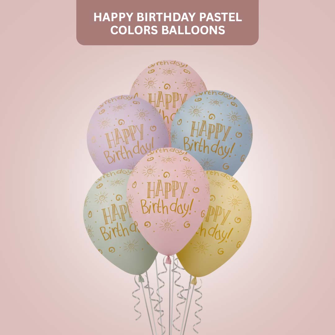 Happy Birthday Pastel Printed Balloons Pack of 6 (12 Inch) | Rainbow Color Latex Balloons | Birthday Party Decoration