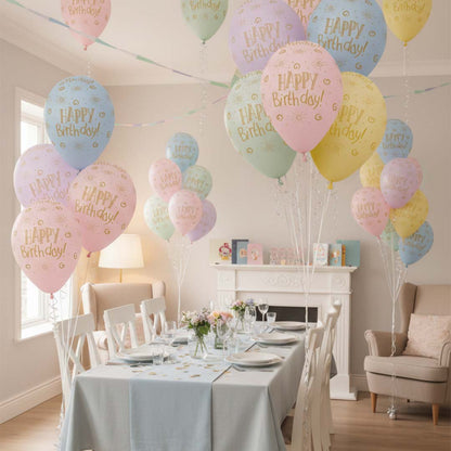 Happy Birthday Pastel Printed Balloons Pack of 6 (12 Inch) | Rainbow Color Latex Balloons | Birthday Party Decoration