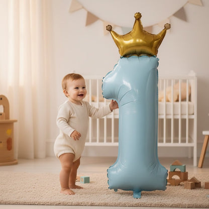 1st Birthday Pastel Blue Foil Balloon with Golden Crown 52"-1PC
