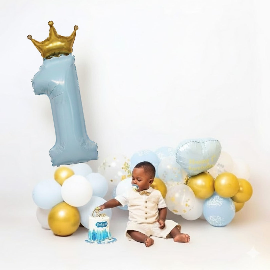 1st Birthday Pastel Blue Foil Balloon with Golden Crown 52"-1PC