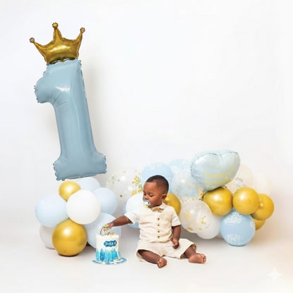 1st Birthday Pastel Blue Foil Balloon with Golden Crown 52"-1PC