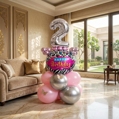 Designer Pink & Silver Balloon Bouquet Arrangement with 3D Butterflies for 2nd Birthday