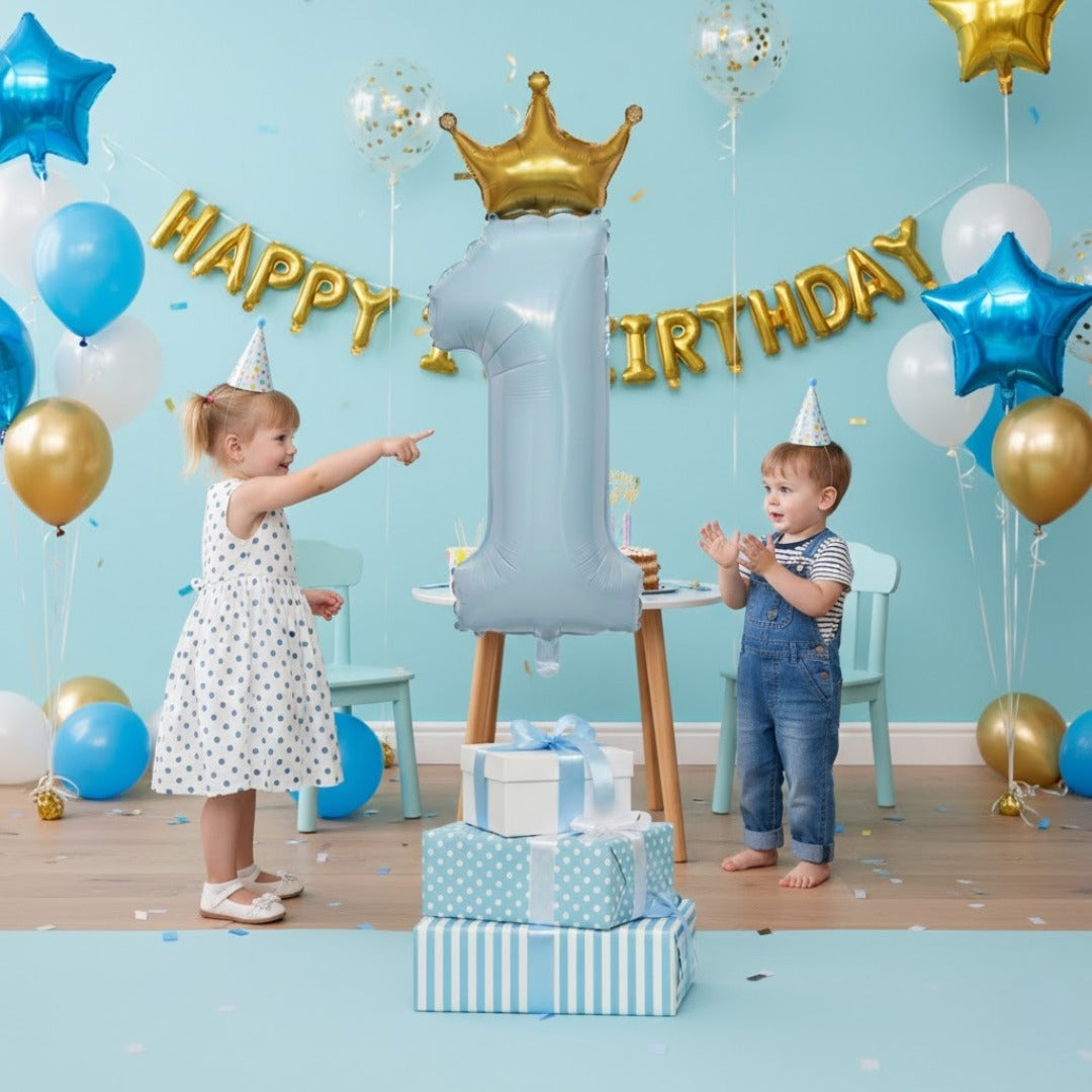 1st Birthday Pastel Blue Foil Balloon with Golden Crown 52"-1PC