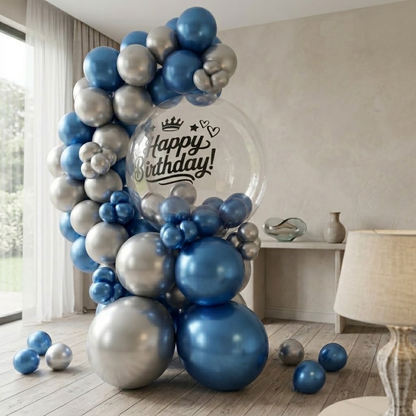 Designer Blue & Silver Latex with Transparent BOBO Air Filled Balloon Bouquet Arrangement for Birthdays