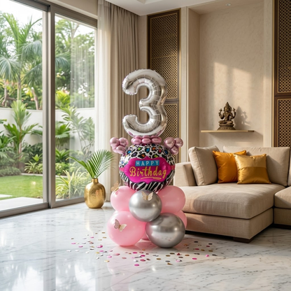 Designer Pink & Silver Balloon Bouquet Arrangement with 3D Butterflies for 3rd Birthday