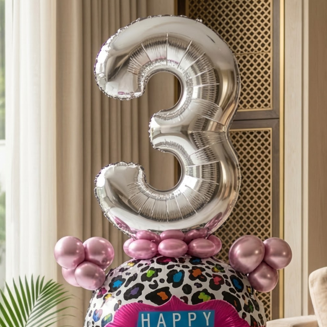 Designer Pink & Silver Balloon Bouquet Arrangement with 3D Butterflies for 3rd Birthday