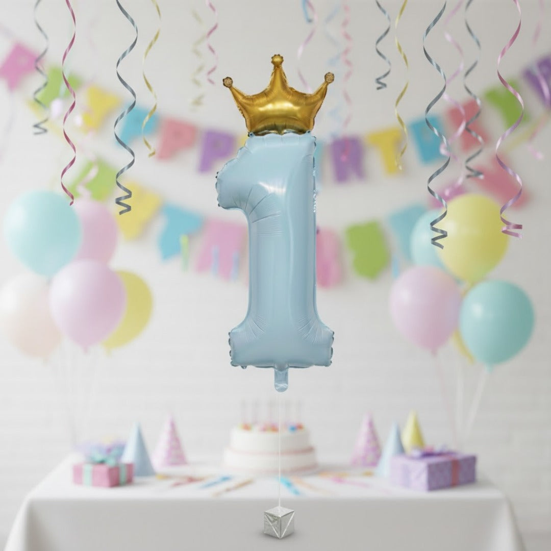1st Birthday Pastel Blue Foil Balloon with Golden Crown 52"-1PC