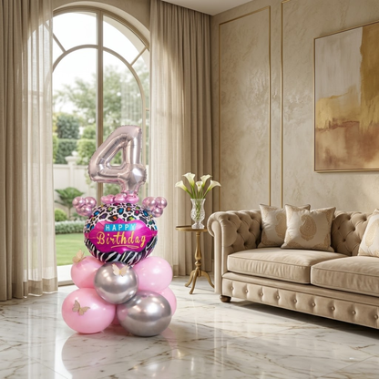 Designer Pink & Silver Balloon Bouquet Arrangement with 3D Butterflies for 4th Birthday