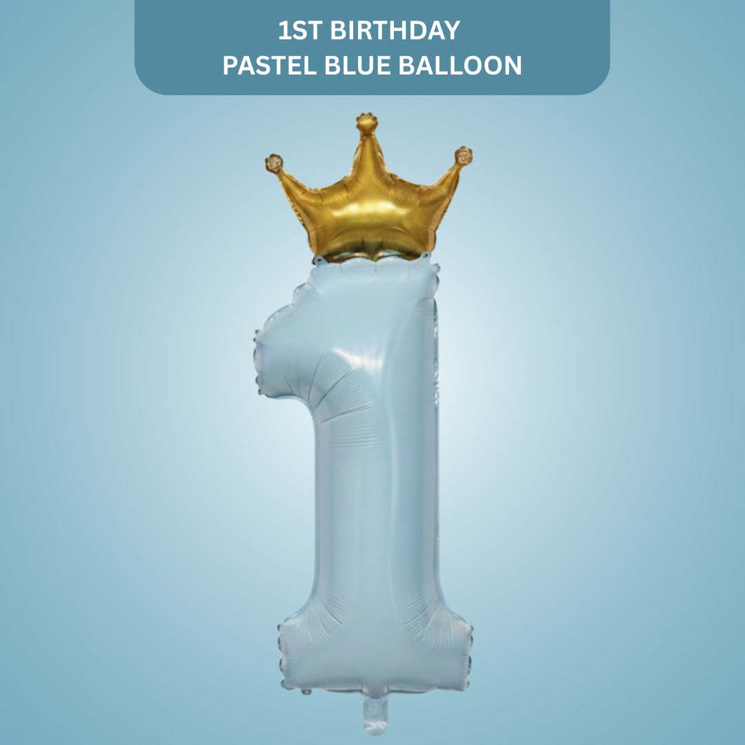 1st Birthday Pastel Blue Foil Balloon with Golden Crown 52"-1PC