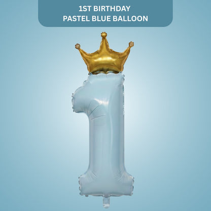 1st Birthday Pastel Blue Foil Balloon with Golden Crown 52"-1PC