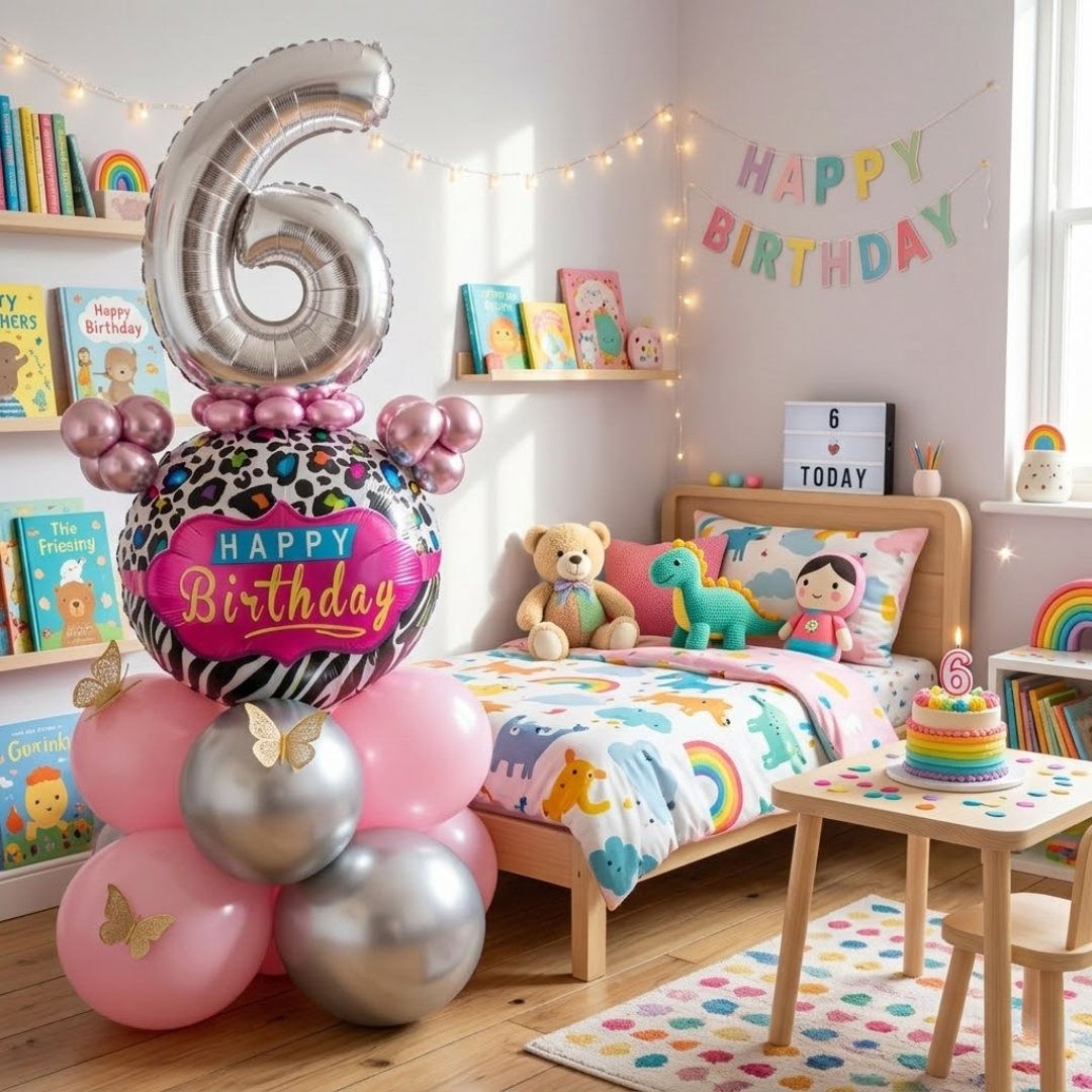 Designer Pink & Silver Balloon Bouquet Arrangement with 3D Butterflies for 6th Birthday