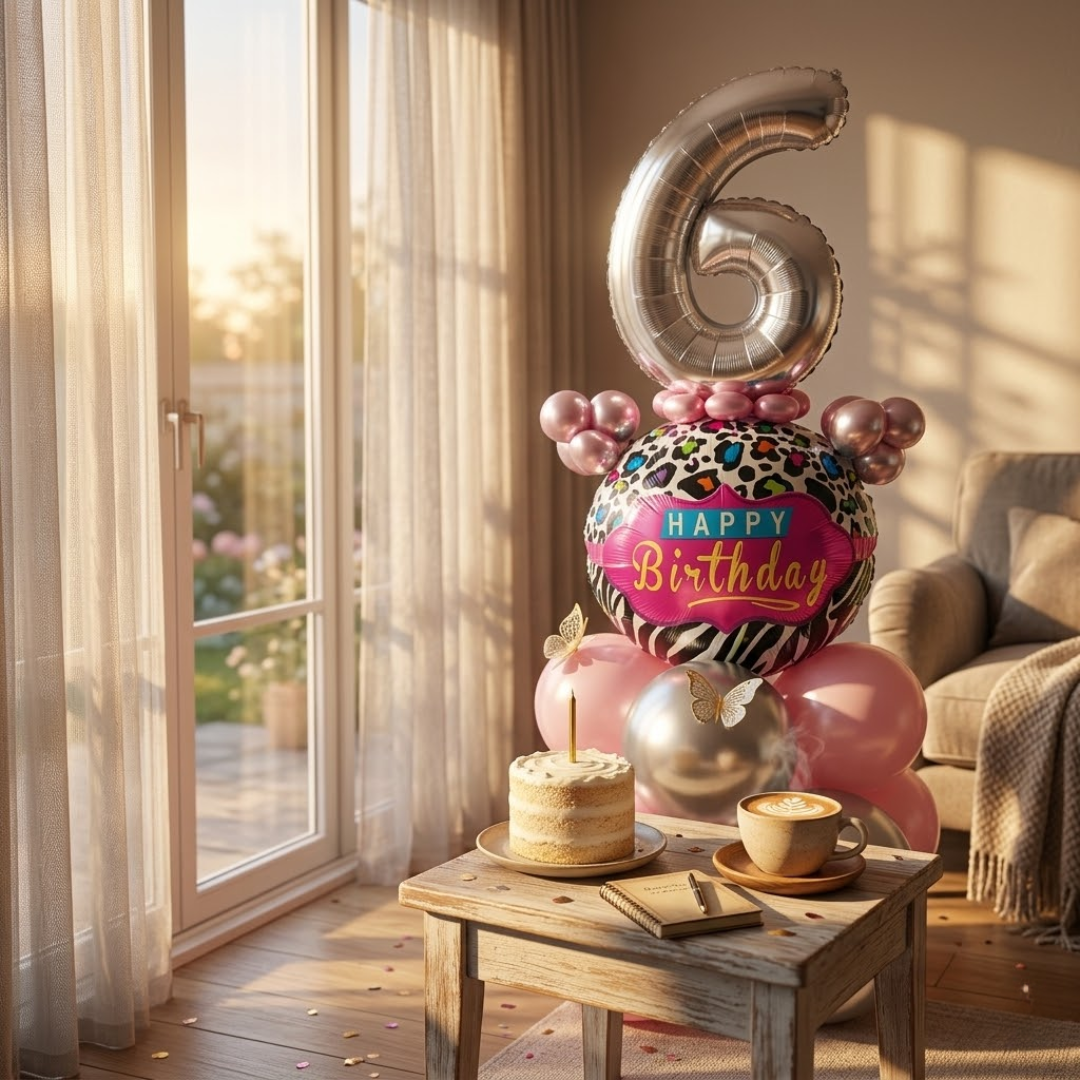 Designer Pink & Silver Balloon Bouquet Arrangement with 3D Butterflies for 6th Birthday