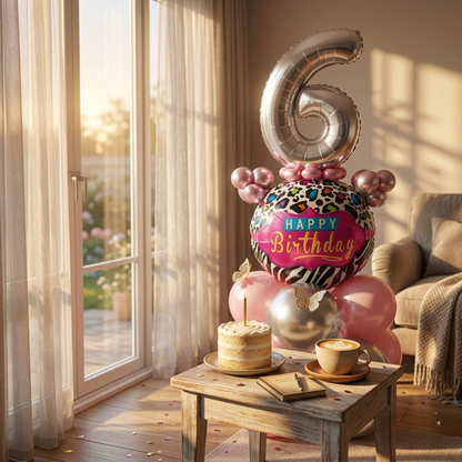 Designer Pink & Silver Balloon Bouquet Arrangement with 3D Butterflies for 6th Birthday