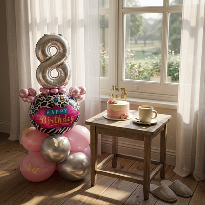 Designer Pink & Silver Balloon Bouquet Arrangement with 3D Butterflies for 8th Birthday