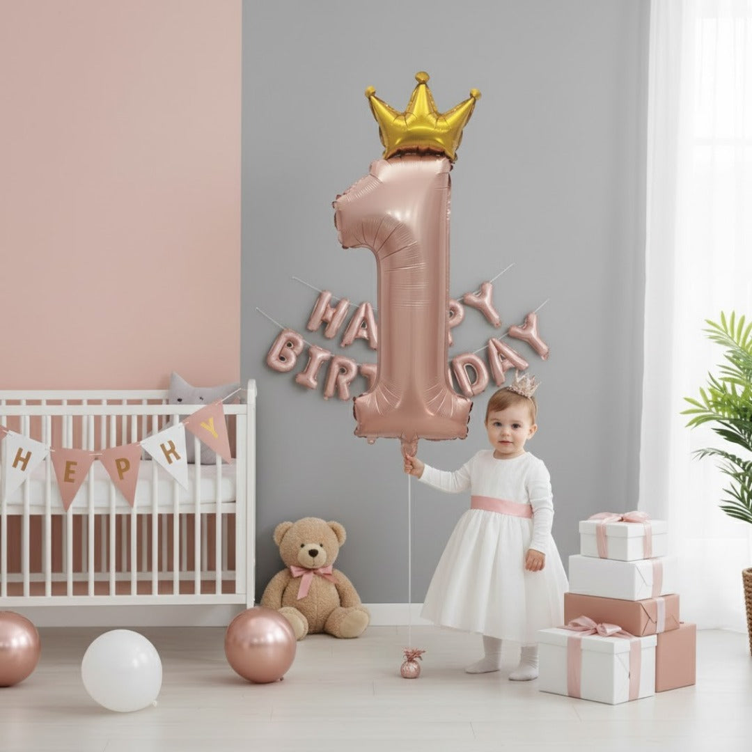 1st Birthday Pastel Pink Foil Balloon with Golden Crown 52"-1PC
