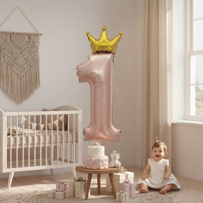 1st Birthday Pastel Pink Foil Balloon with Golden Crown 52"-1PC