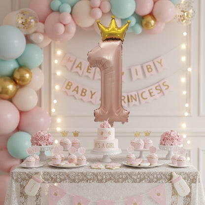 1st Birthday Pastel Pink Foil Balloon with Golden Crown 52"-1PC