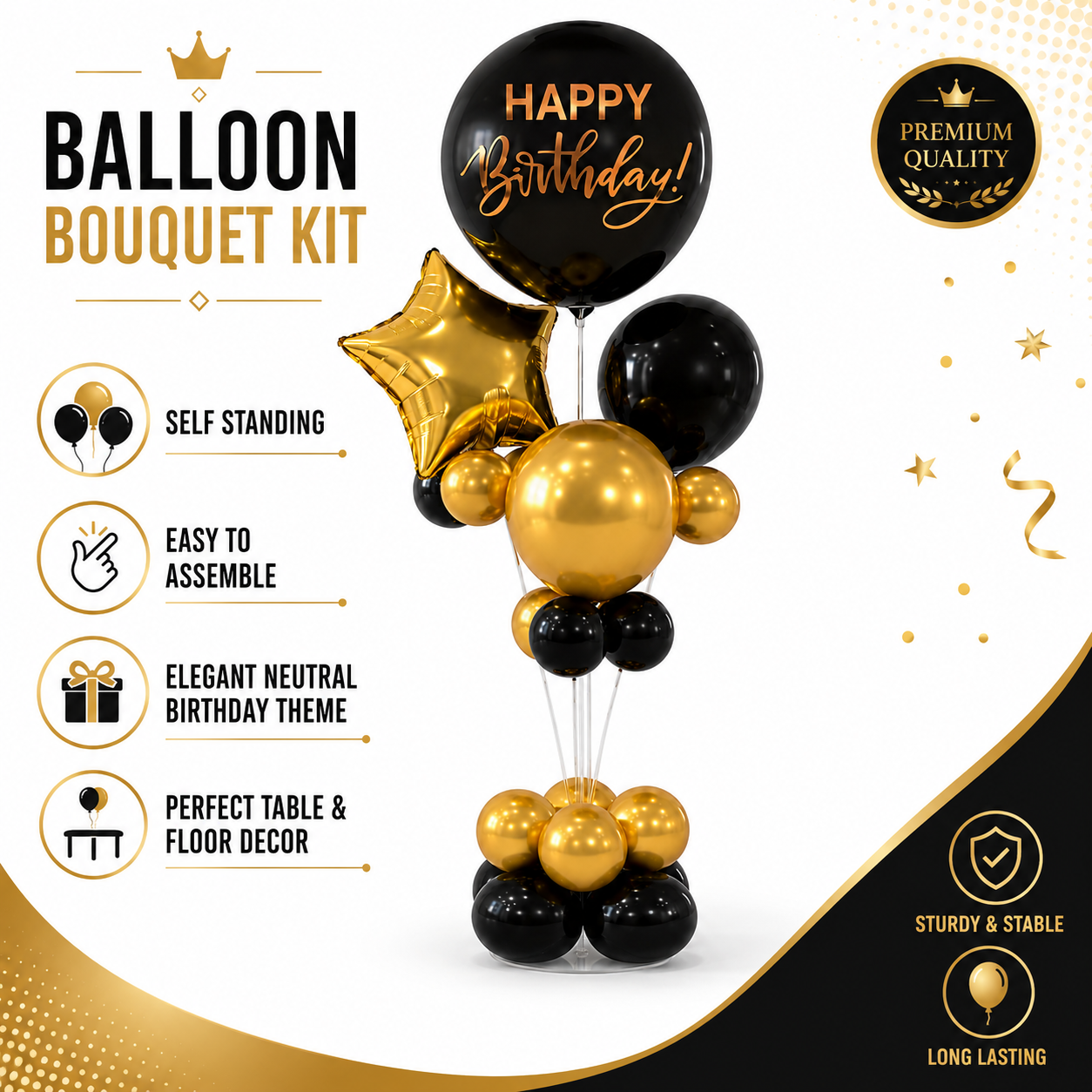 Black & Gold Happy Birthday Balloon Bouquet Stand Set - 21 Pcs | Balloons with Plum Blossom Base, Holder & Fiber Rods | Table Centerpiece Decoration for Birthday Party - 1 Set