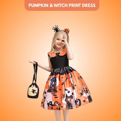 Black and Orange Pumpkin and Witch Print Halloween Dress for G... - Wanna Party - front