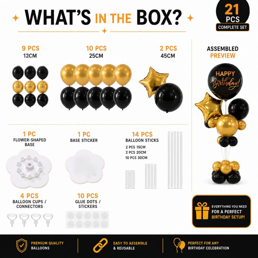 Black & Gold Happy Birthday Balloon Bouquet Stand Set - 21 Pcs | Balloons with Plum Blossom Base, Holder & Fiber Rods | Table Centerpiece Decoration for Birthday Party - 1 Set