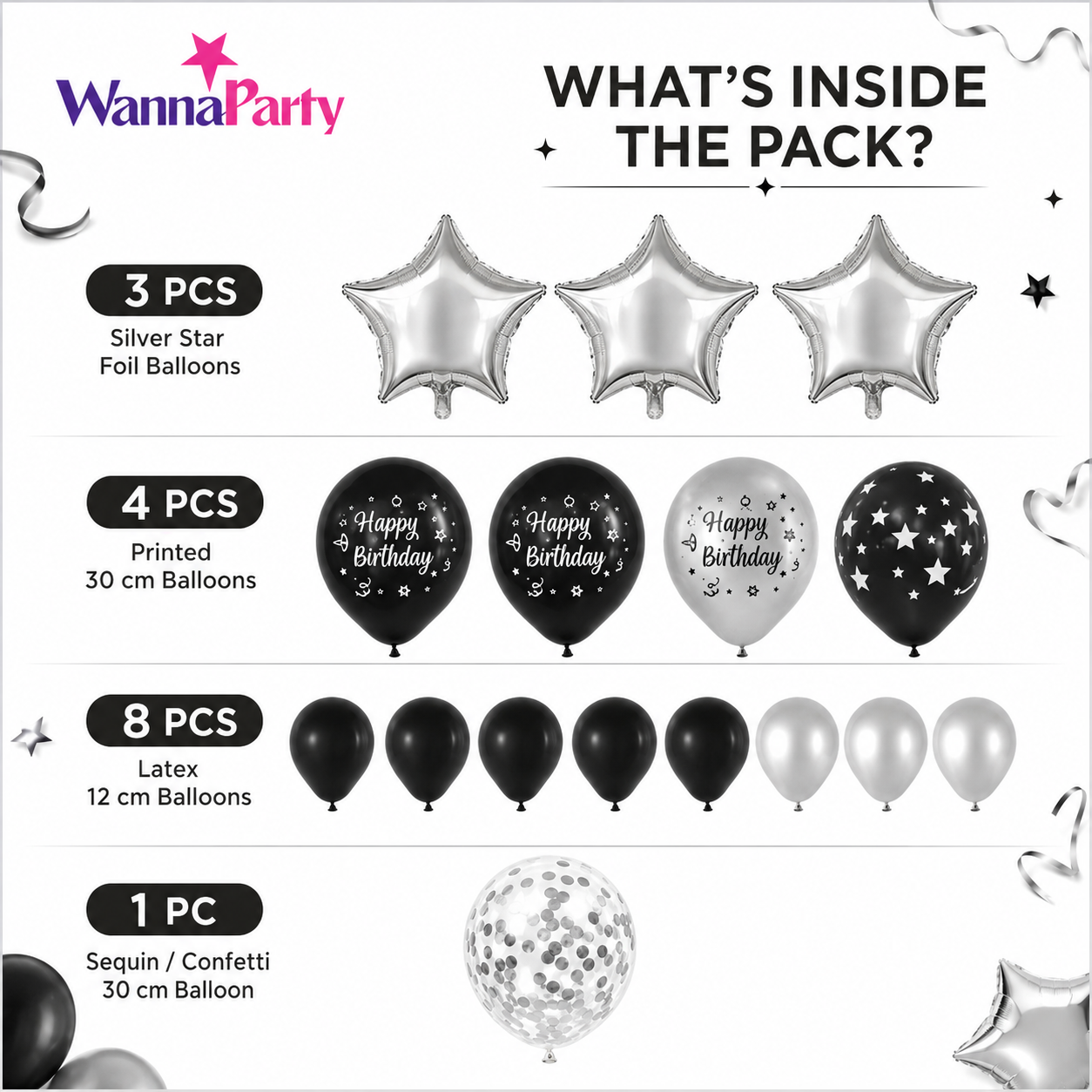 Black and Silver Balloon Bouqet Set with Base Stand - 16PC | Table Centerpiece Decoration | Foli Star & Printed Latex Balloons - 1 Set