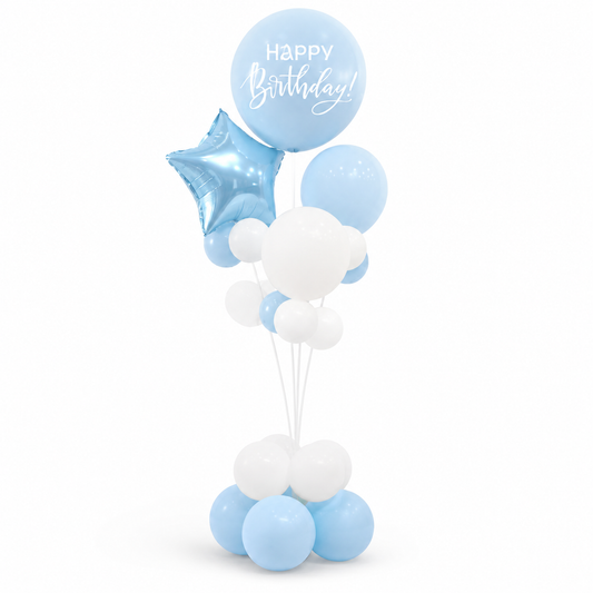 Blue & White Happy Birthday Balloon Bouquet Stand Set - 21 Pcs | Balloons with Plum Blossom Base, Holder & Fiber Rods, Table Centerpiece Decoration for Kids Adults Party - 1 Set