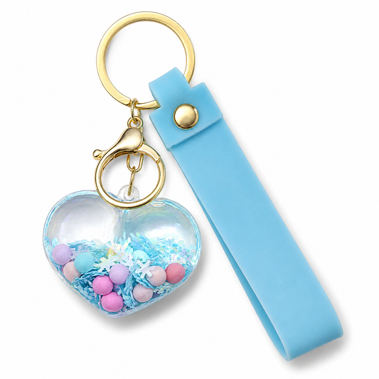 Heart Shaped Beads Keychain with Blue Wrist Strap, Cute Bag Charm Key Ring for Girls, Backpack Accessories, Birthday Return Gifts, Party Favors, School Bag Decoration - 1PC