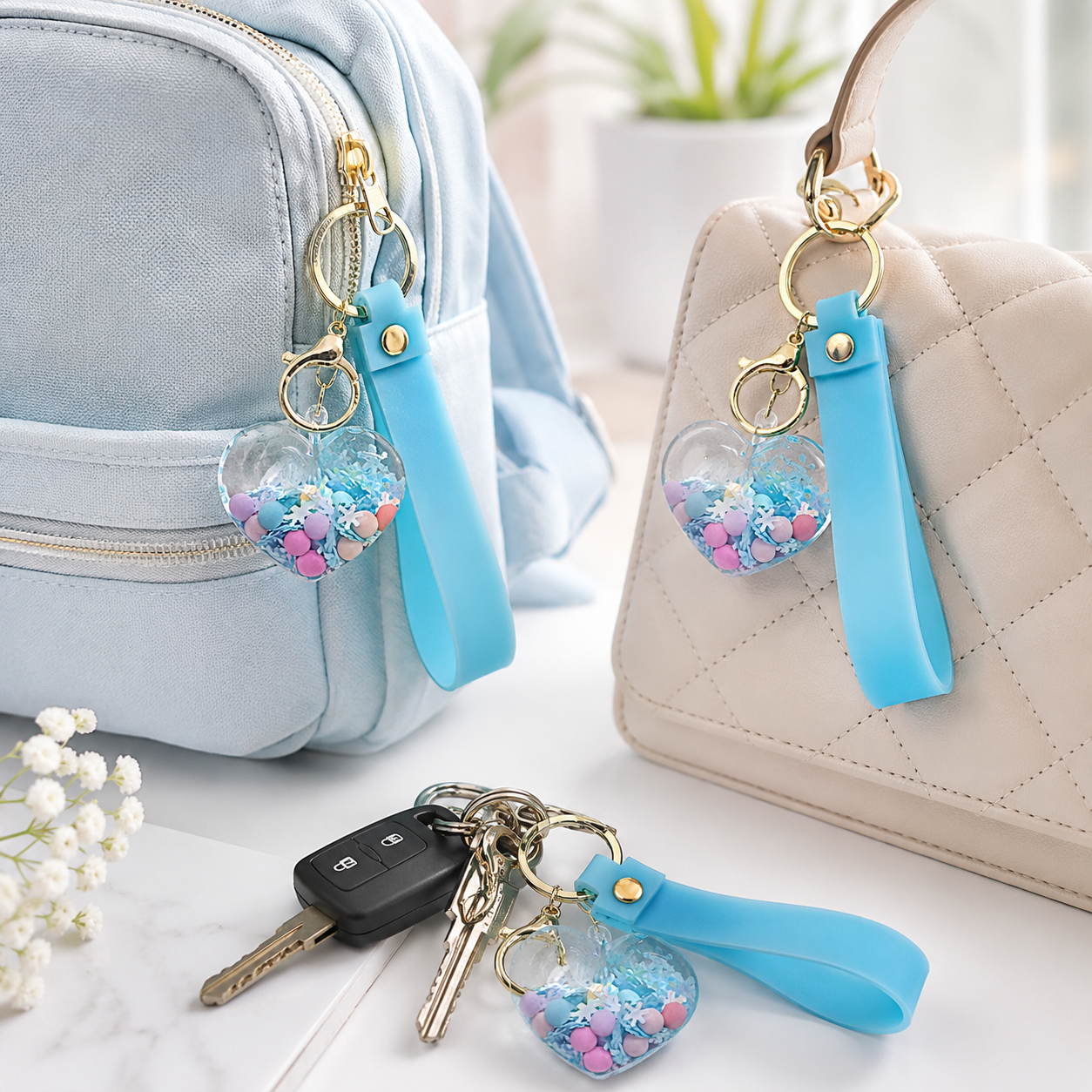 Heart Beads Keychain Blue Strap - Cute Bag Charm for Girls | Wanna Party - Image 9