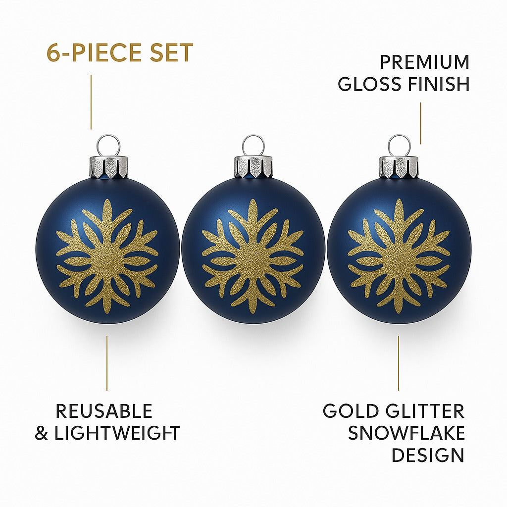Christmas Blue Balls for Tree Ornaments with Golden Glitter - 6PC