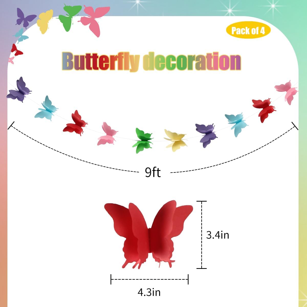 Butterfly Multicolor 3D String Decoration 9FT 4PC - Wall Decor | Wanna Party - Image 2