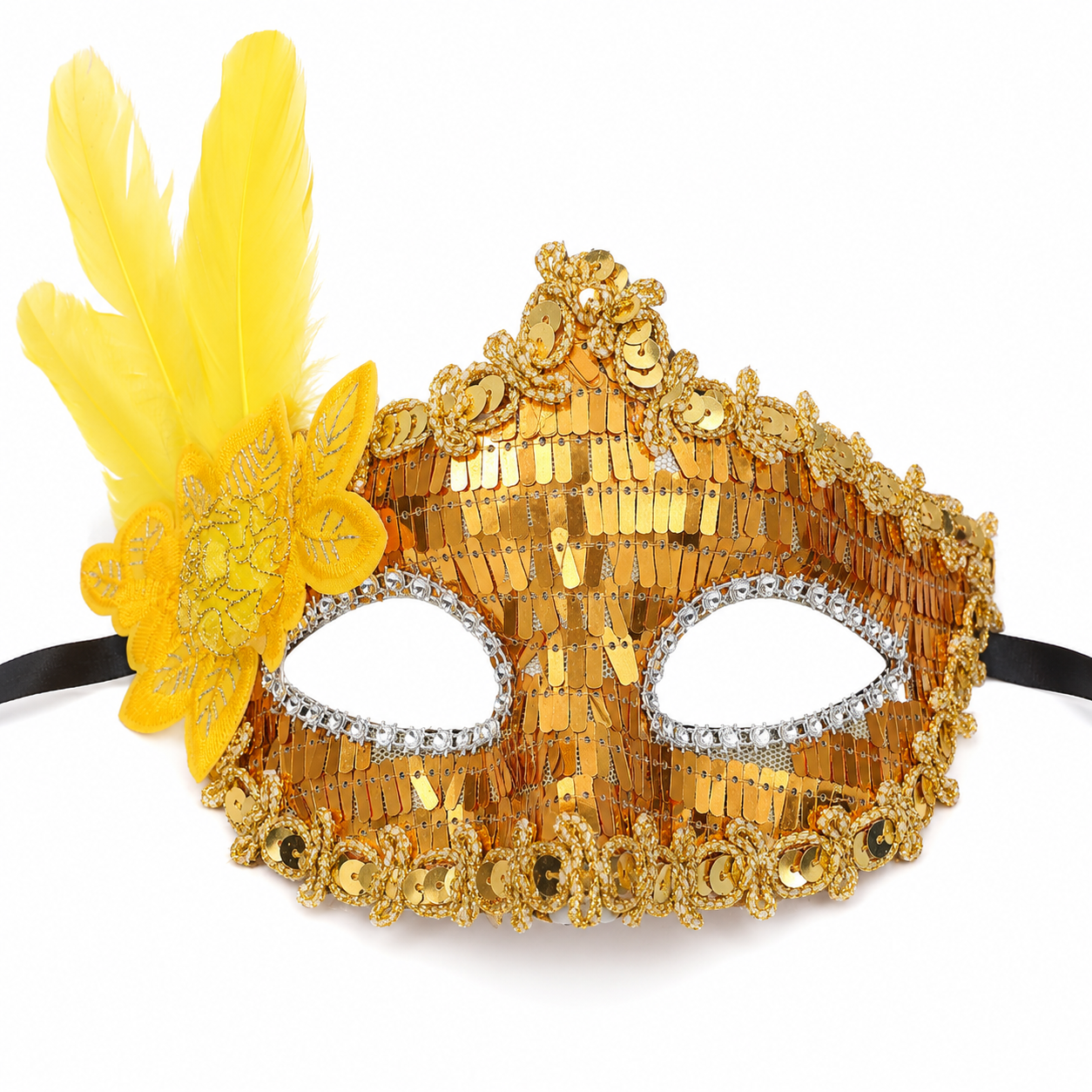 Golden Sequin Mask with Yellow Flower