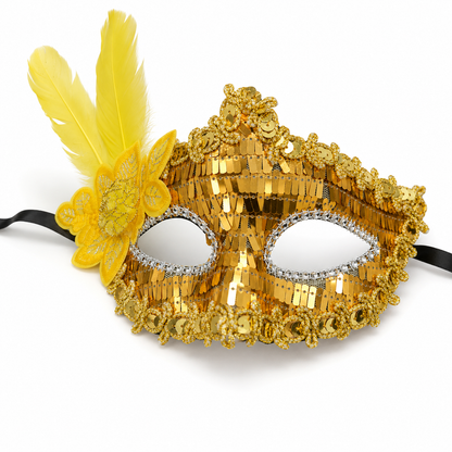 Golden Sequin Mask with Yellow Flower
