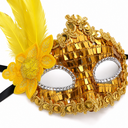 Golden Sequin Mask with Yellow Flower