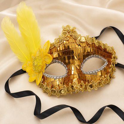 Golden Sequin Mask with Yellow Flower