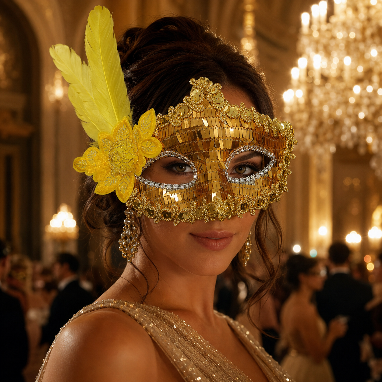 Golden Sequin Mask with Yellow Flower