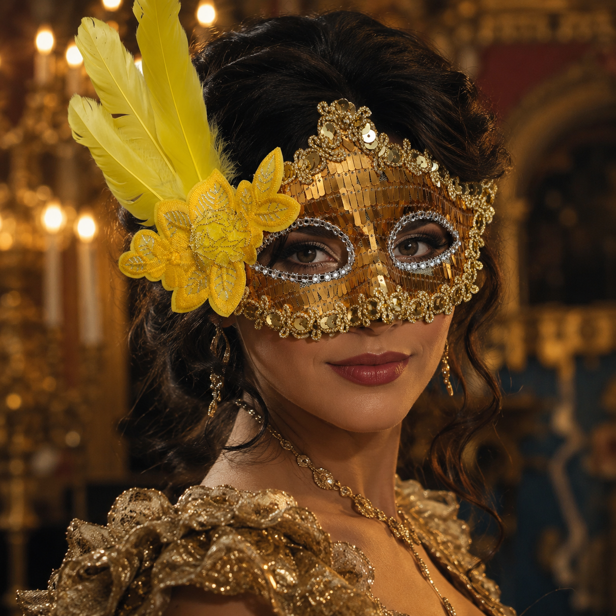 Golden Sequin Mask with Yellow Flower