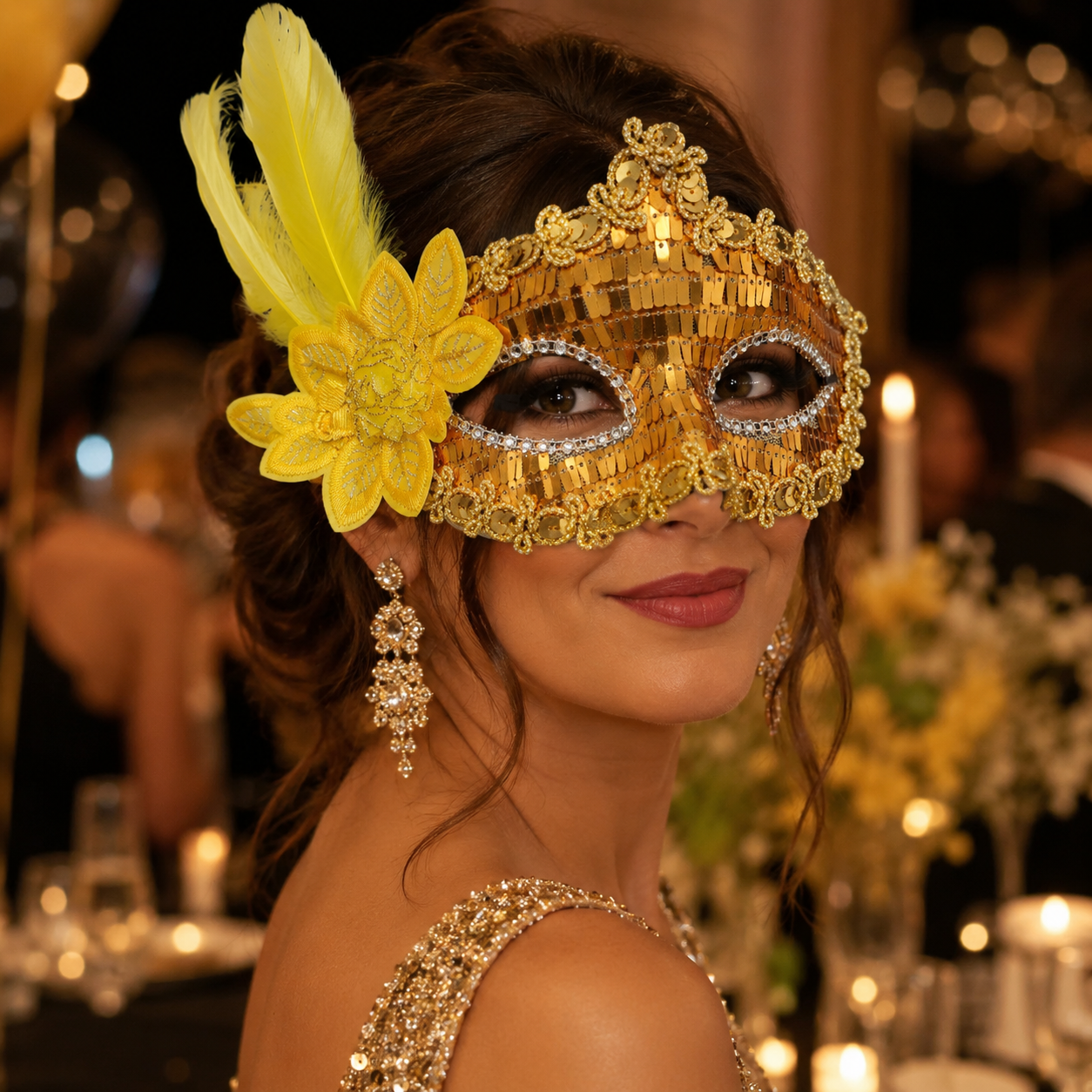 Golden Sequin Mask with Yellow Flower
